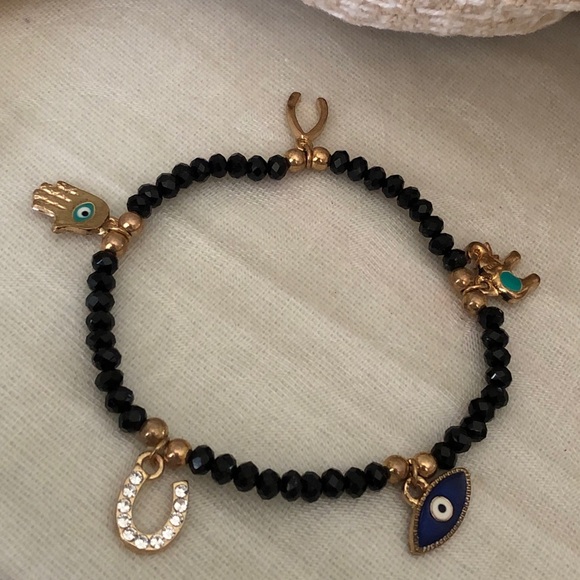 Faceted black Swarovski crystal Good Luck Charm Bracelet Hamsa Evil Eye - Picture 10 of 16